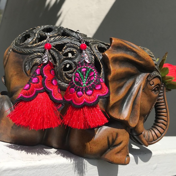 Beautiful Floral Boho Embroidered Tassel Earrings - Picture 7 of 8